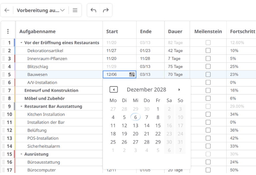 Gantt-Diagramm Start- und Enddaten für jede Aufgabe festlegen