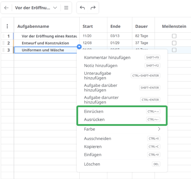 Gantt-Diagramm Einrücken und Ausrücken von Aufgaben