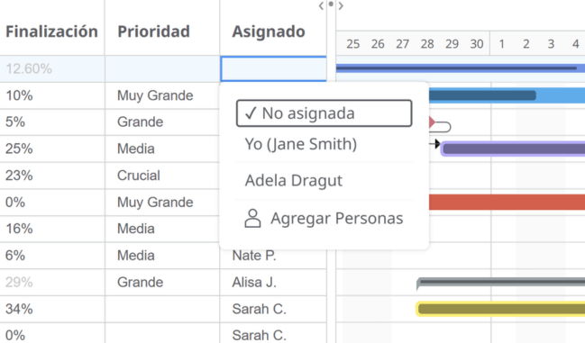 Asignar tareas en el diagrama de Gantt