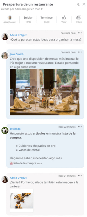 Programa colaborativo de diagramas de Gantt - sección de comentarios