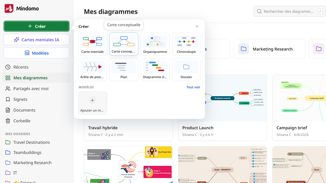 Le menu « Créer » du tableau de bord Mindomo, avec Carte conceptuelle en évidence à côté de Carte mentale, Organigramme, Chronologie, Arête de poisson, Plan, Diagramme de Gantt et Dossier