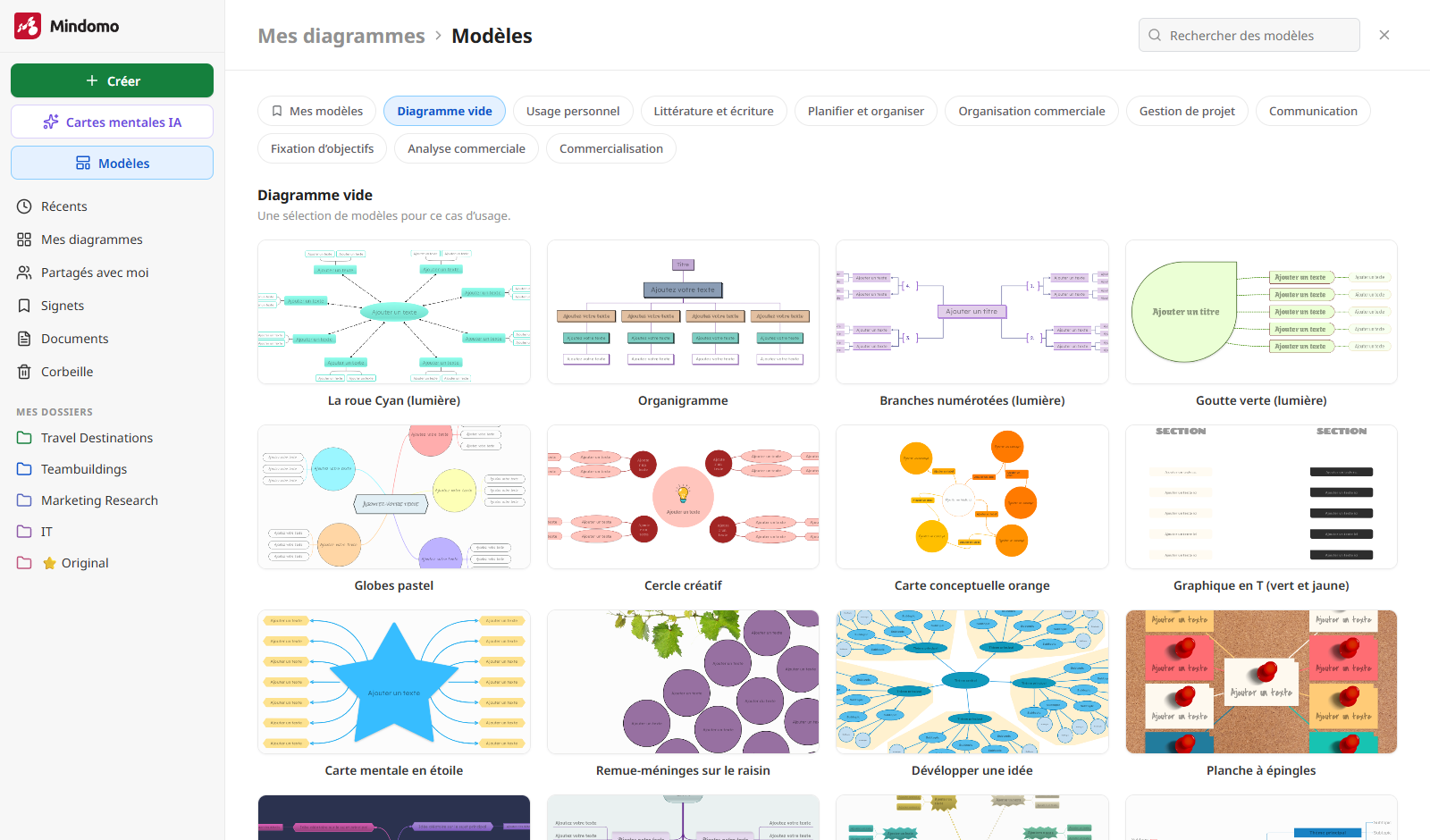La page Modèles du tableau de bord Mindomo, avec les modèles classés par usage : la catégorie « Diagramme vide » est ouverte, avec des modèles comme « La roue Cyan (lumière) », « Organigramme » et « Carte conceptuelle orange »