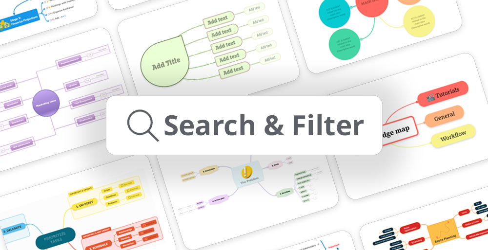Full-text search and filtering by icons, deadlines, assignees, or hashtags inside mind maps