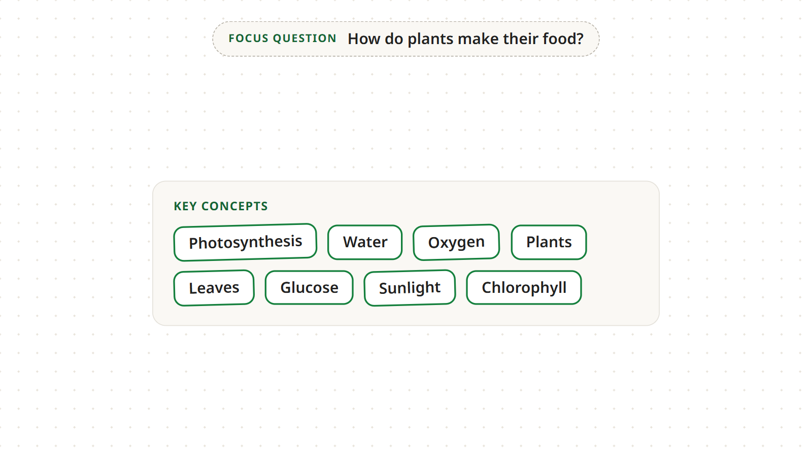 Step 2: a “Key concepts” box with eight concepts in no particular order: Plants, Sunlight, Water, Leaves, Photosynthesis, Chlorophyll, Glucose and Oxygen
