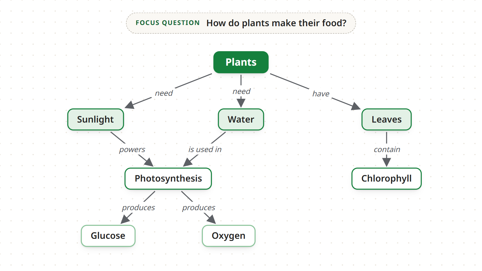 Step 5: the arrows of the plants map labeled with the linking words “need”, “have”, “powers”, “is used in”, “contain” and “produces”