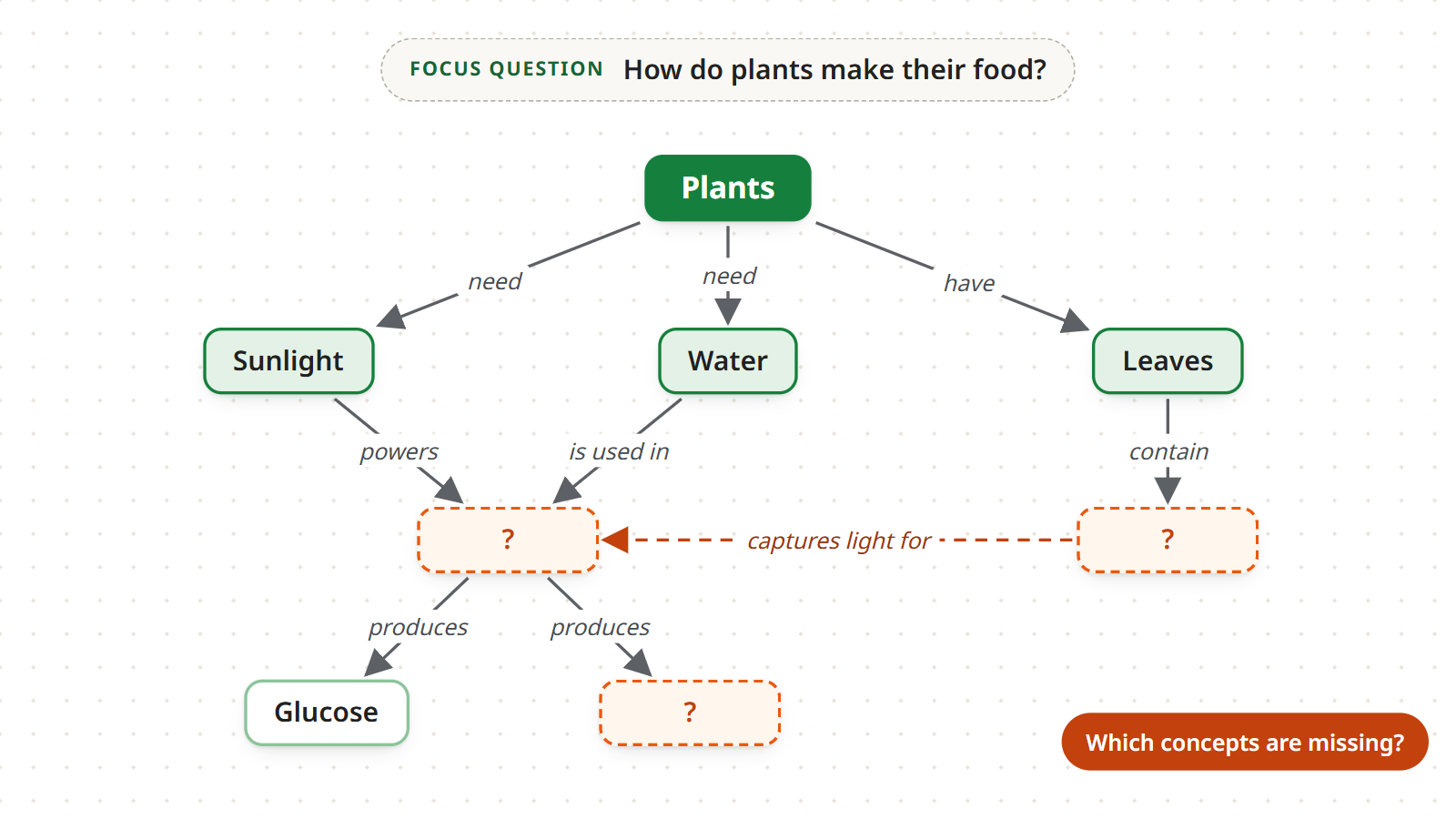 The plants map with some concepts hidden behind a question mark and the prompt “Which concepts are missing?”