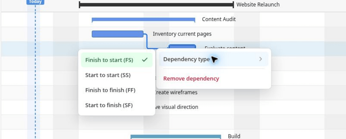 Right-click menu on a dependency with the four dependency types