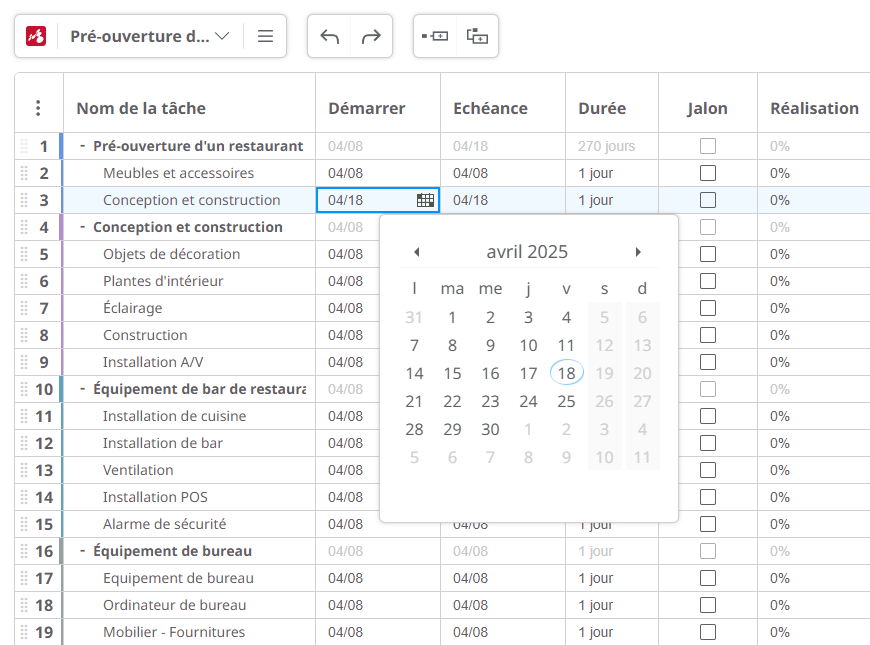 Gantt chart fixer des dates pour chaque tâche