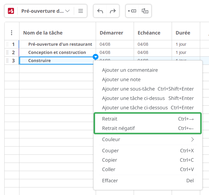 Tâches de retrait du diagramme de Gantt